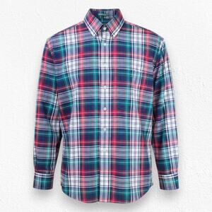 90s Vintage IZOD Teal Red Plaid Preppy Relaxed Fit Button-Down Shirt Size Large